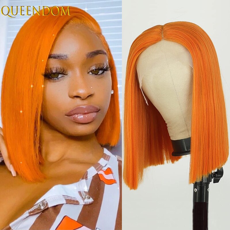 Orange Short Straight Lace Front Wig Golden Synthe..